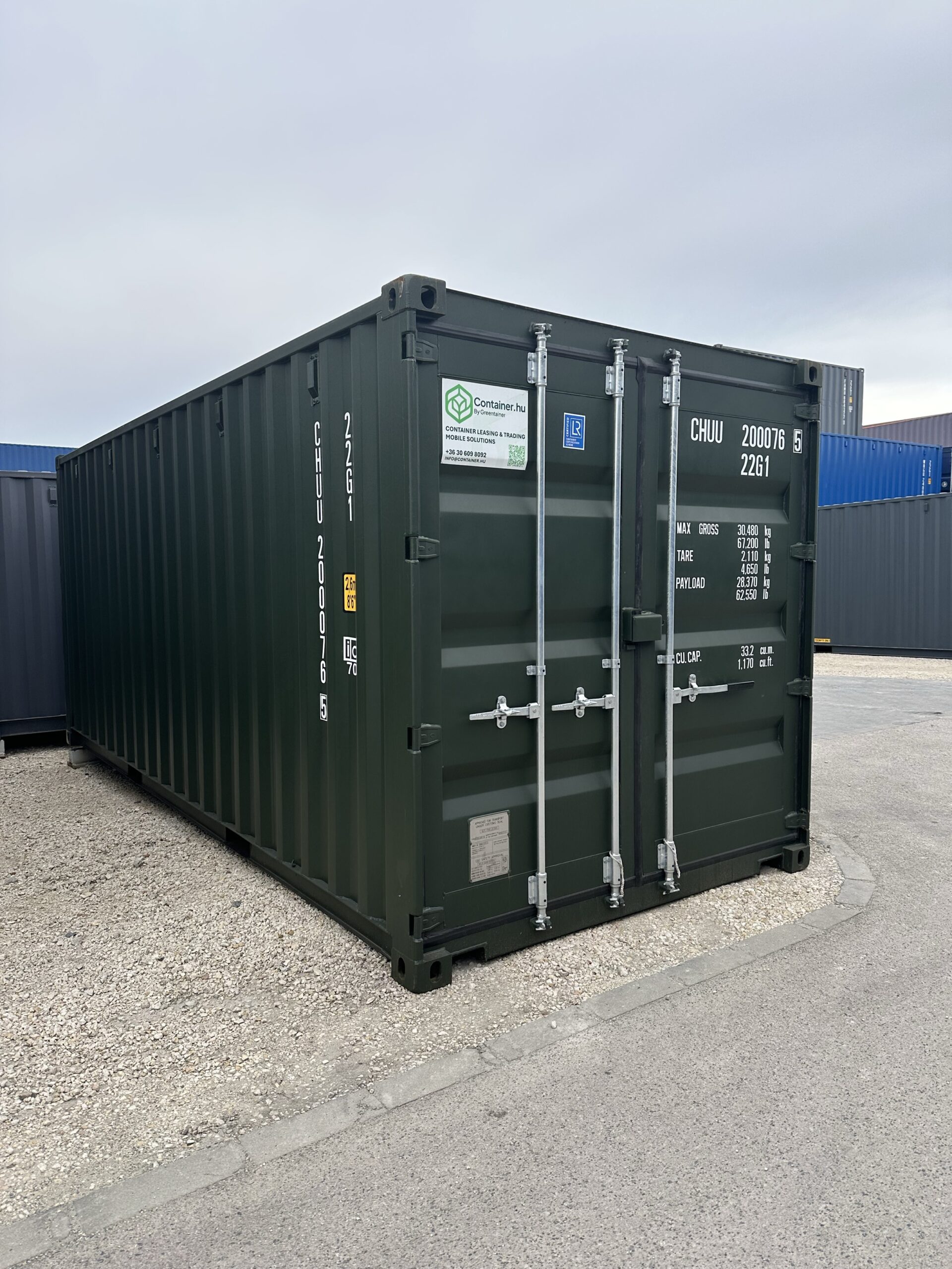 20' egyutas tengeri konténer RAL 6007 színben