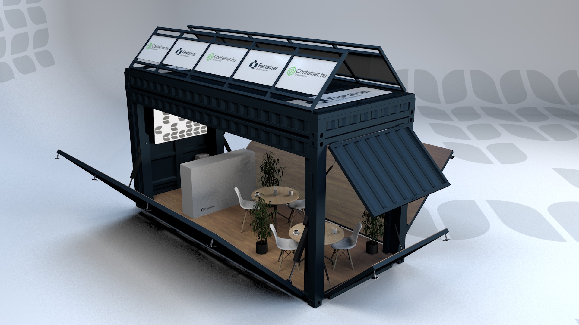 FESTAINER nyíló oldalfalakkal, tengeri konténerből kialakítva