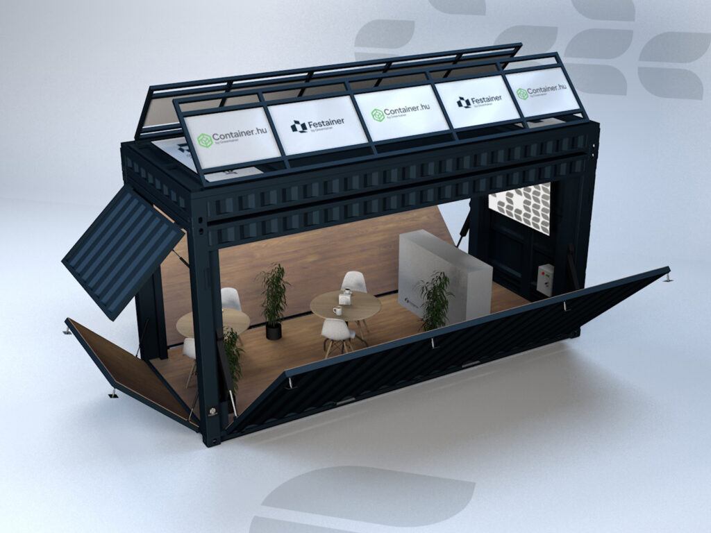 rendezvénykonténer belső kialakítása tárgyaló- és bemutatótérrel